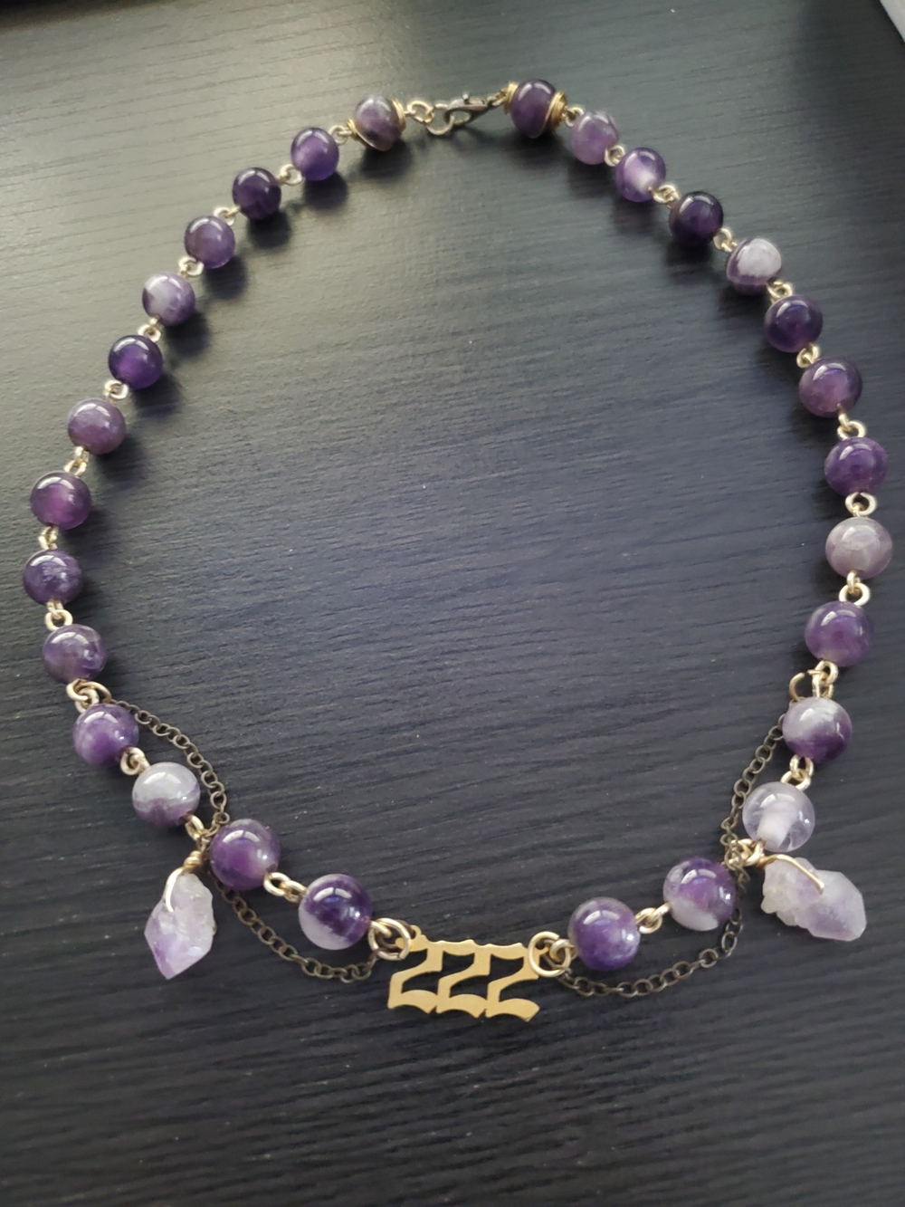 Amethyst Beaded Angel Number Necklace with Gold 222 Accent